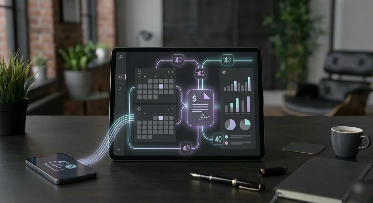 Tablet showing automated business workflow connecting calendar, invoices, and analytics