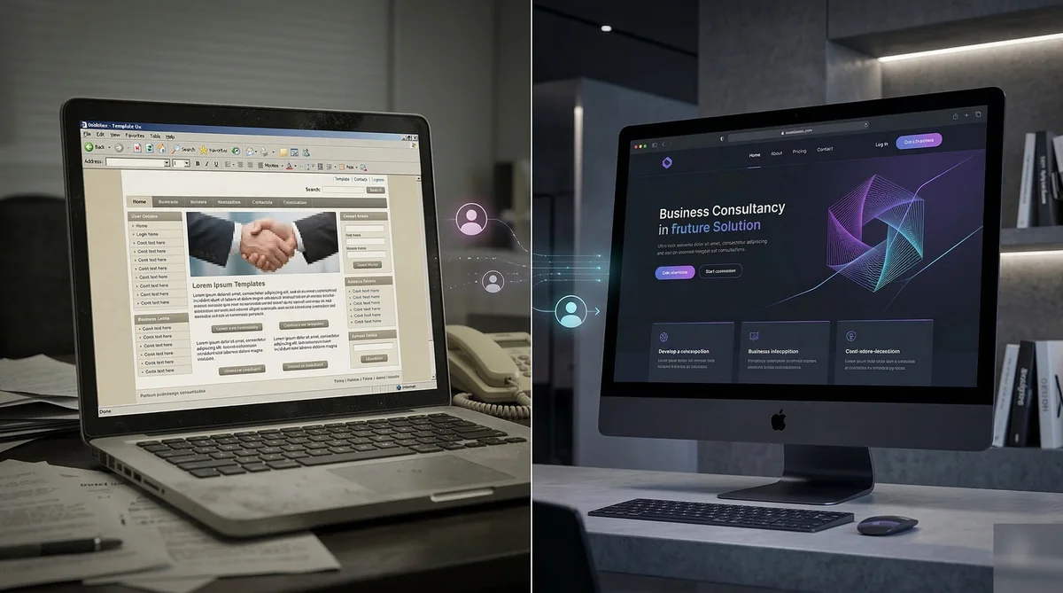 Outdated small business website displayed on laptop next to modern phone