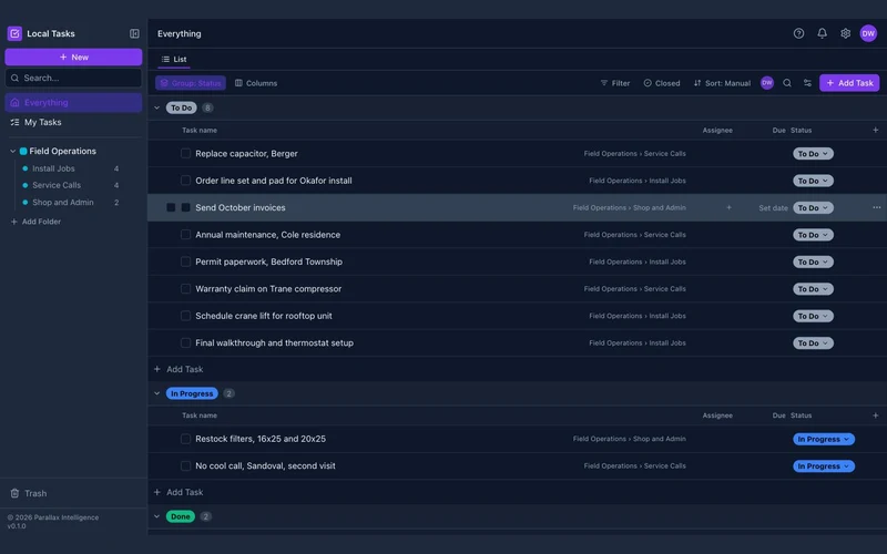 Local Tasks board showing field operations work grouped by status across install, service, and shop lists