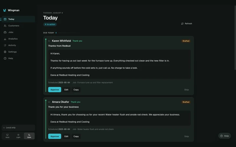 Wingman daily queue showing drafted customer follow-up emails awaiting approval